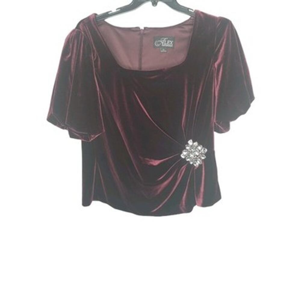Alex Evenings Womens Red Wine Velvet Blouse Embellished Size XL Top Short Sleeve